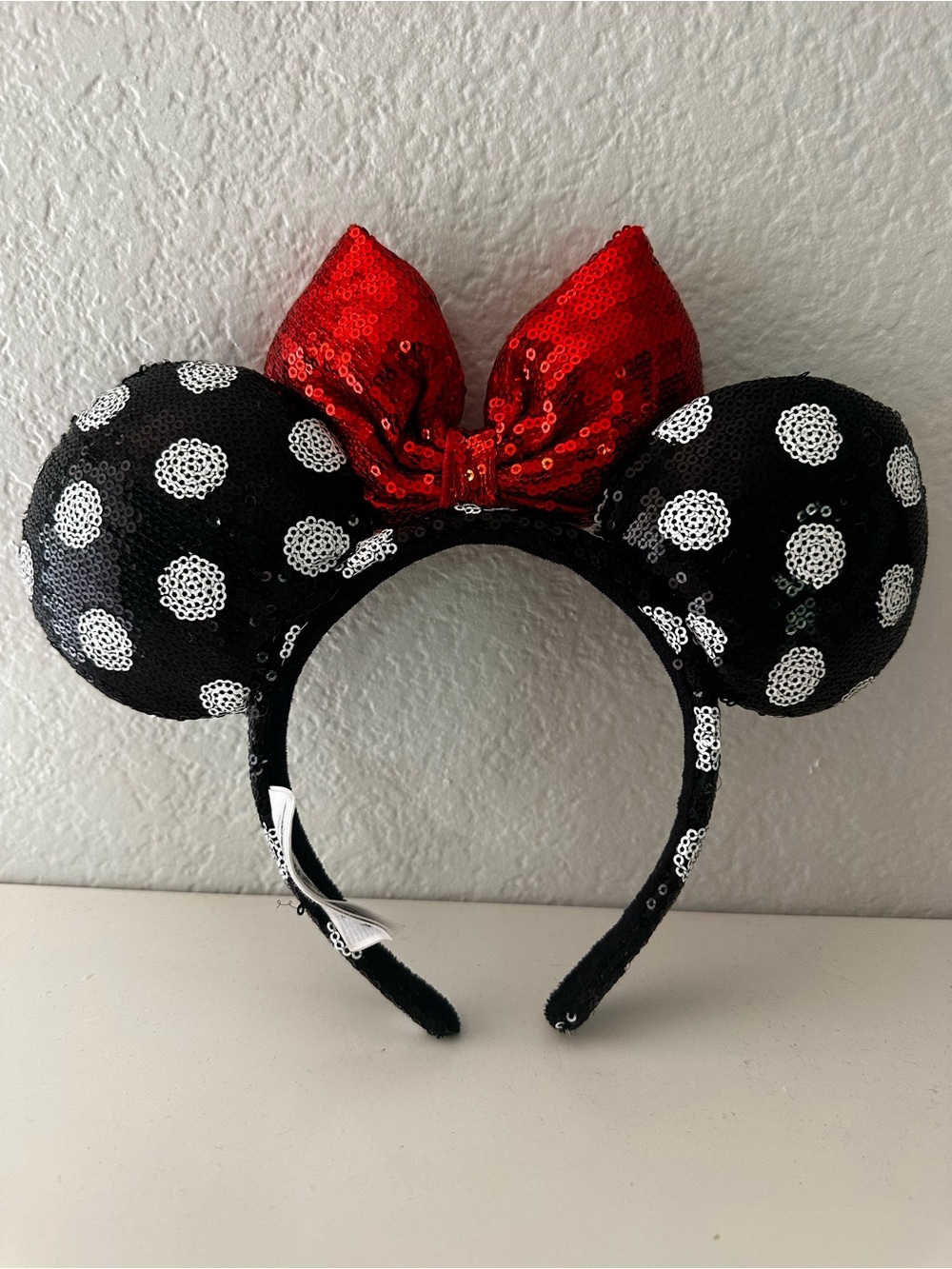 Disney Black Sequin Polka Dot Mouse Ears Headband with Red Bow